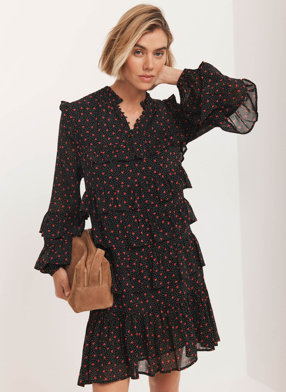 Black Heart Print Tiered Mini Dress