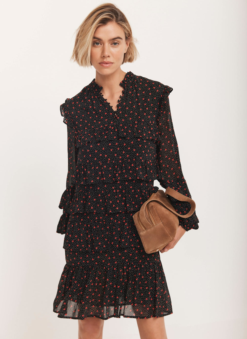 Black Heart Print Tiered Mini Dress