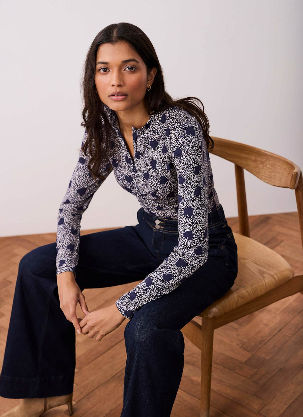 Navy Heart Print Zip Detail Top