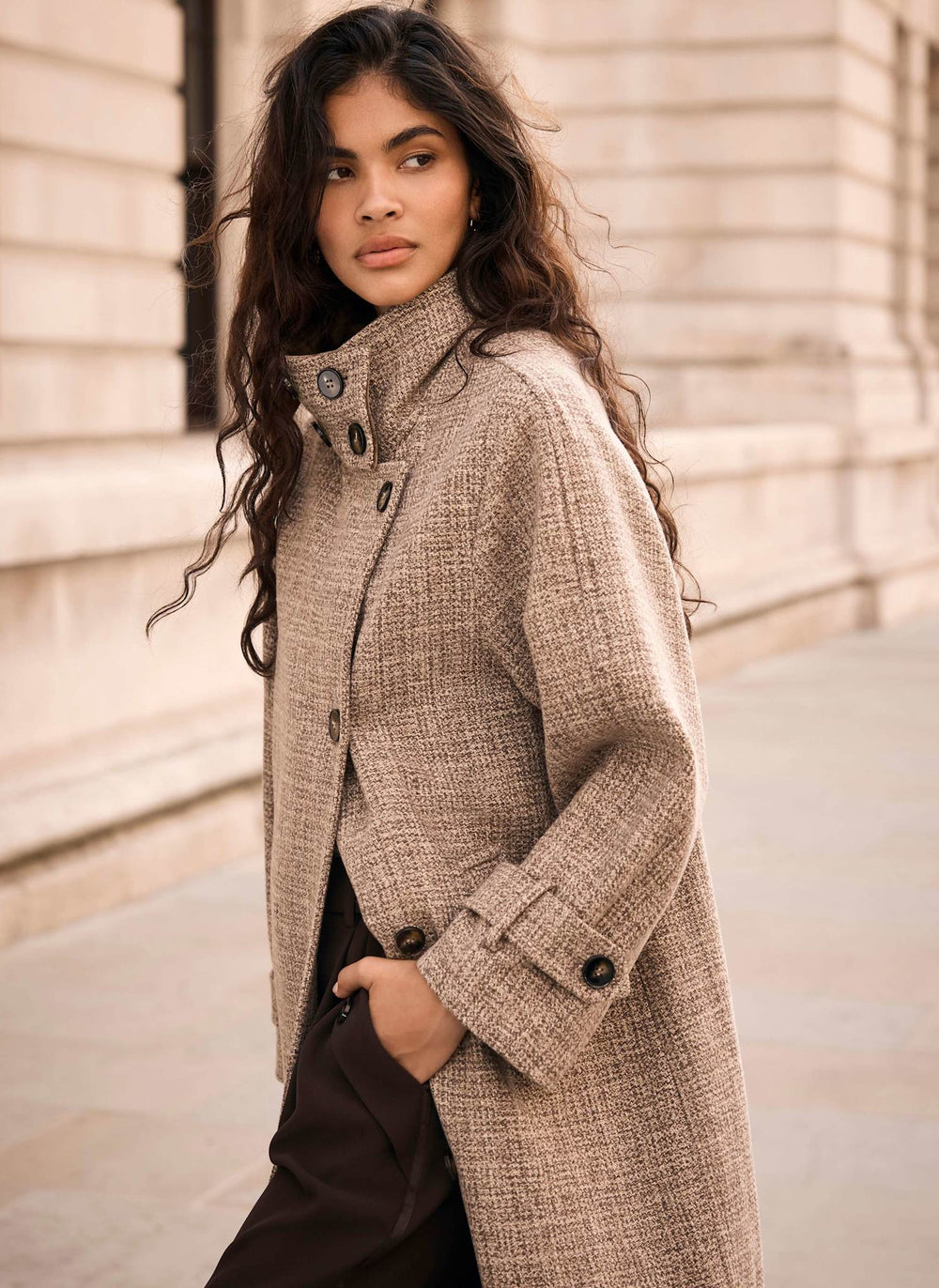 Neutral Wool Blend Heritage Check Coat