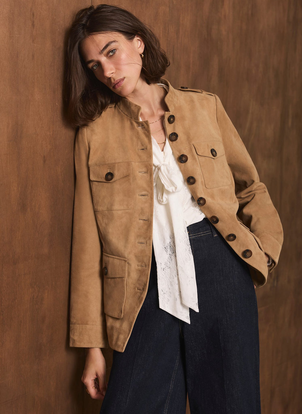 Neutral Suede Military Jacket