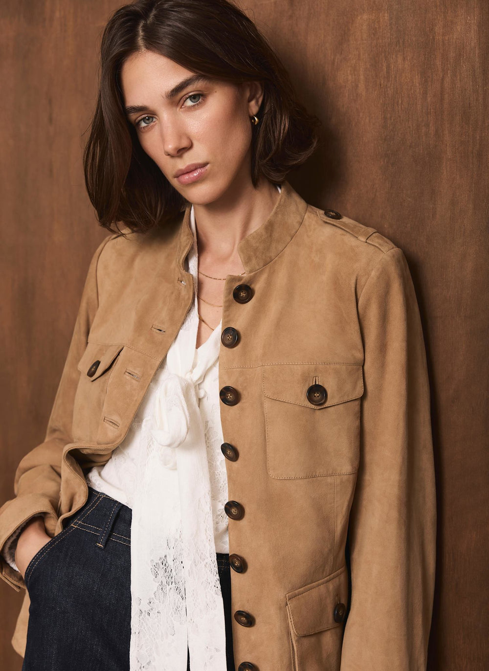 Neutral Suede Military Jacket