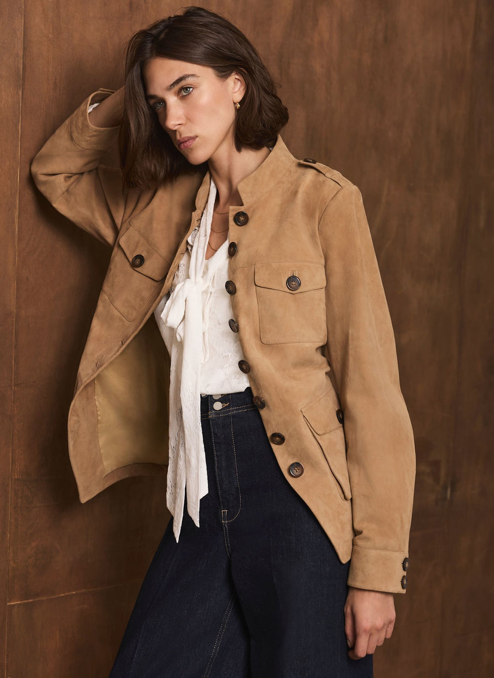 Neutral Suede Military Jacket