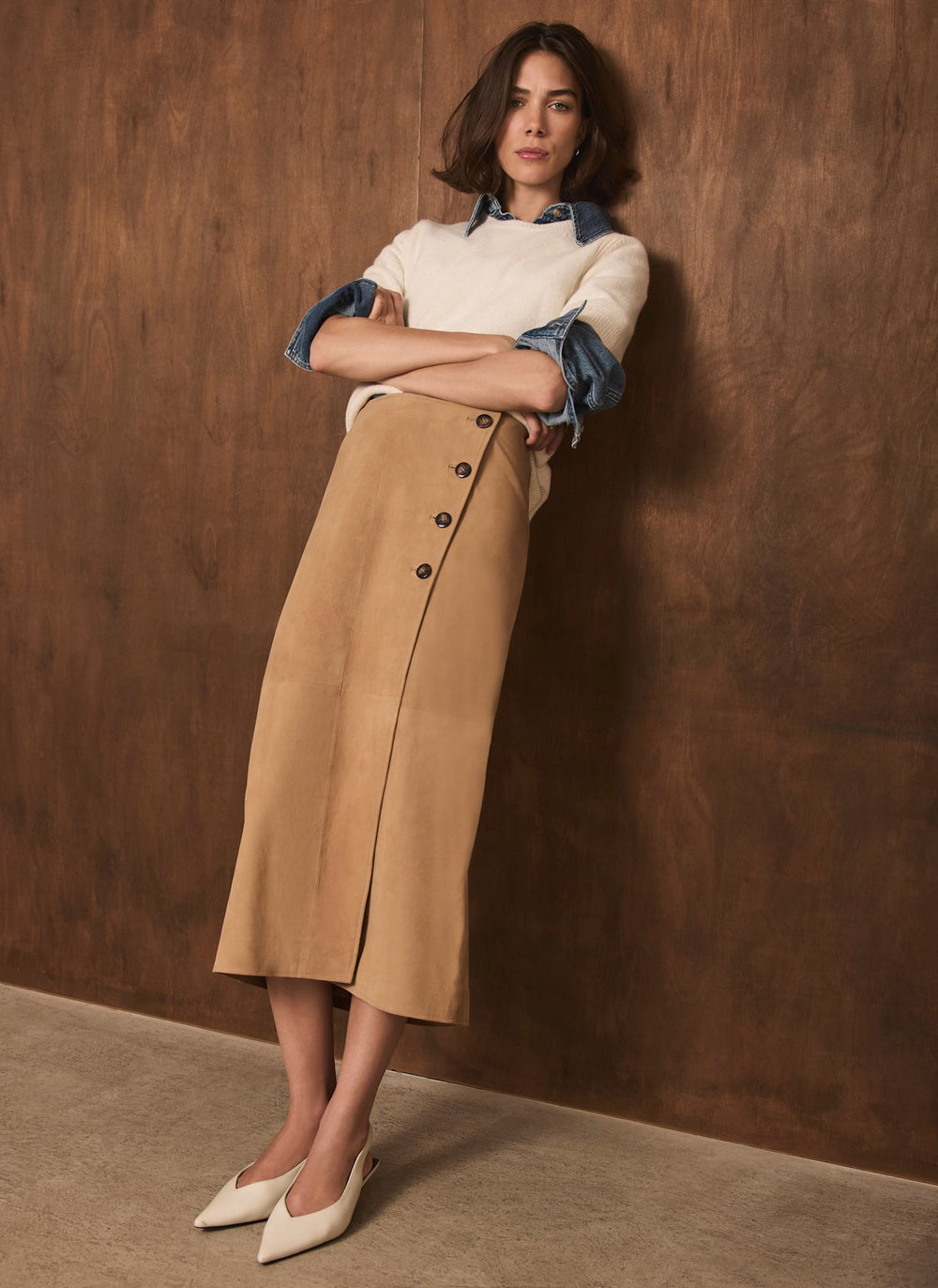 Tan Suede Wrap Midi Skirt