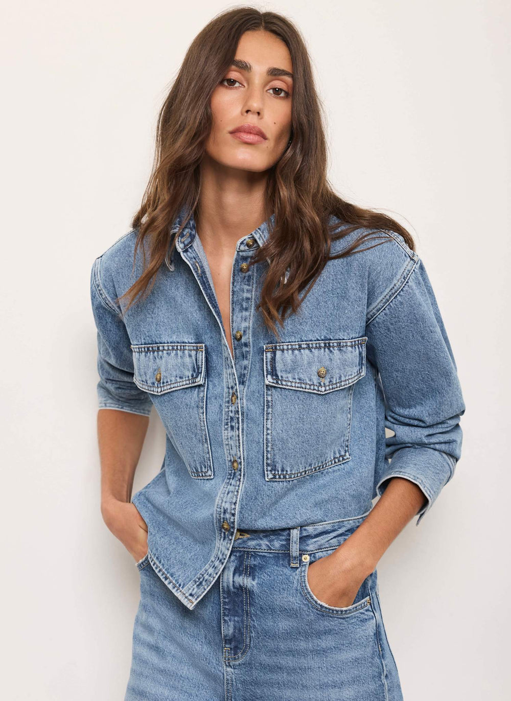 Mid Indigo Cropped Denim Shirt