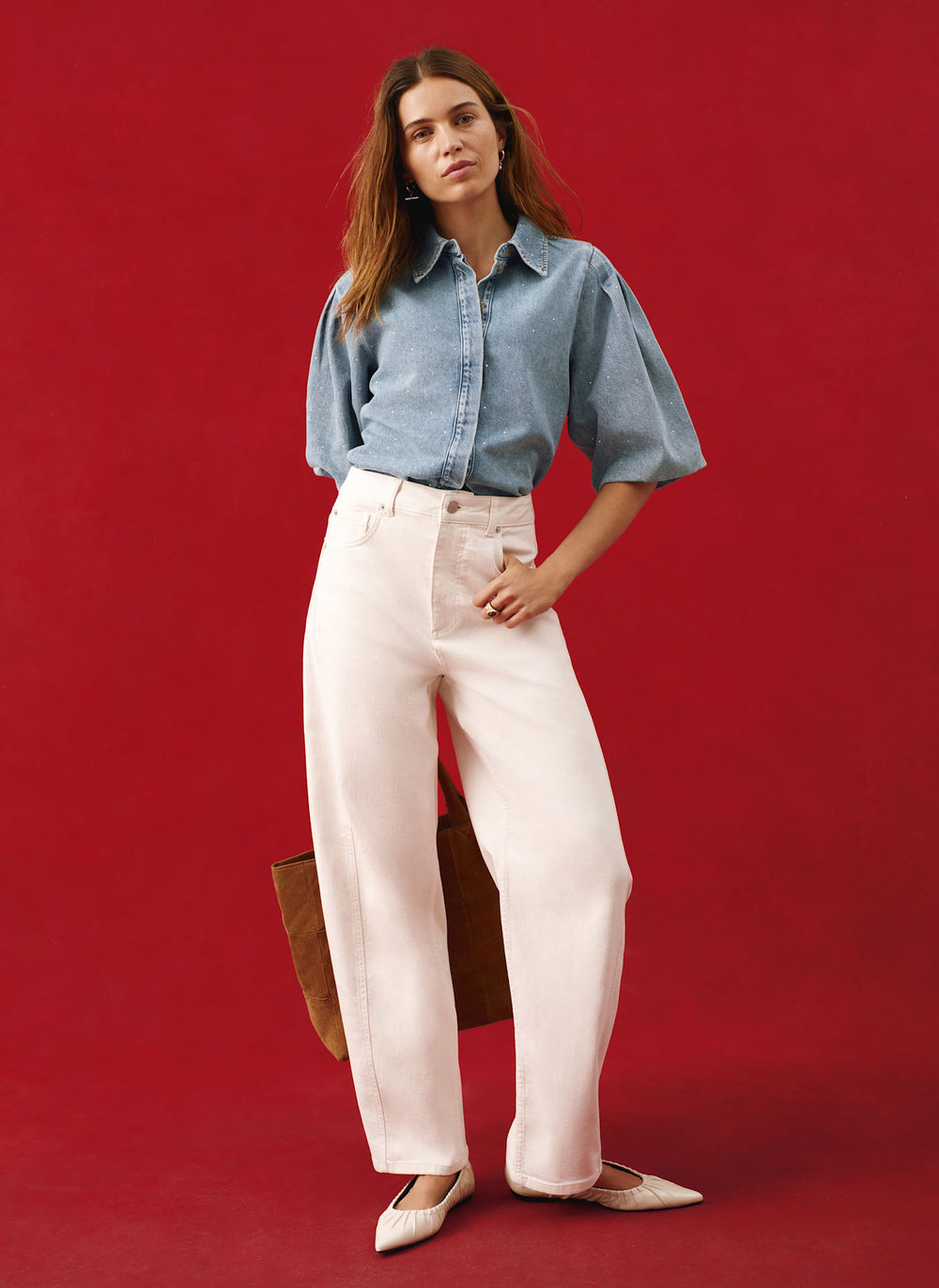 Indigo Denim Embellished Puff Sleeve Shirt