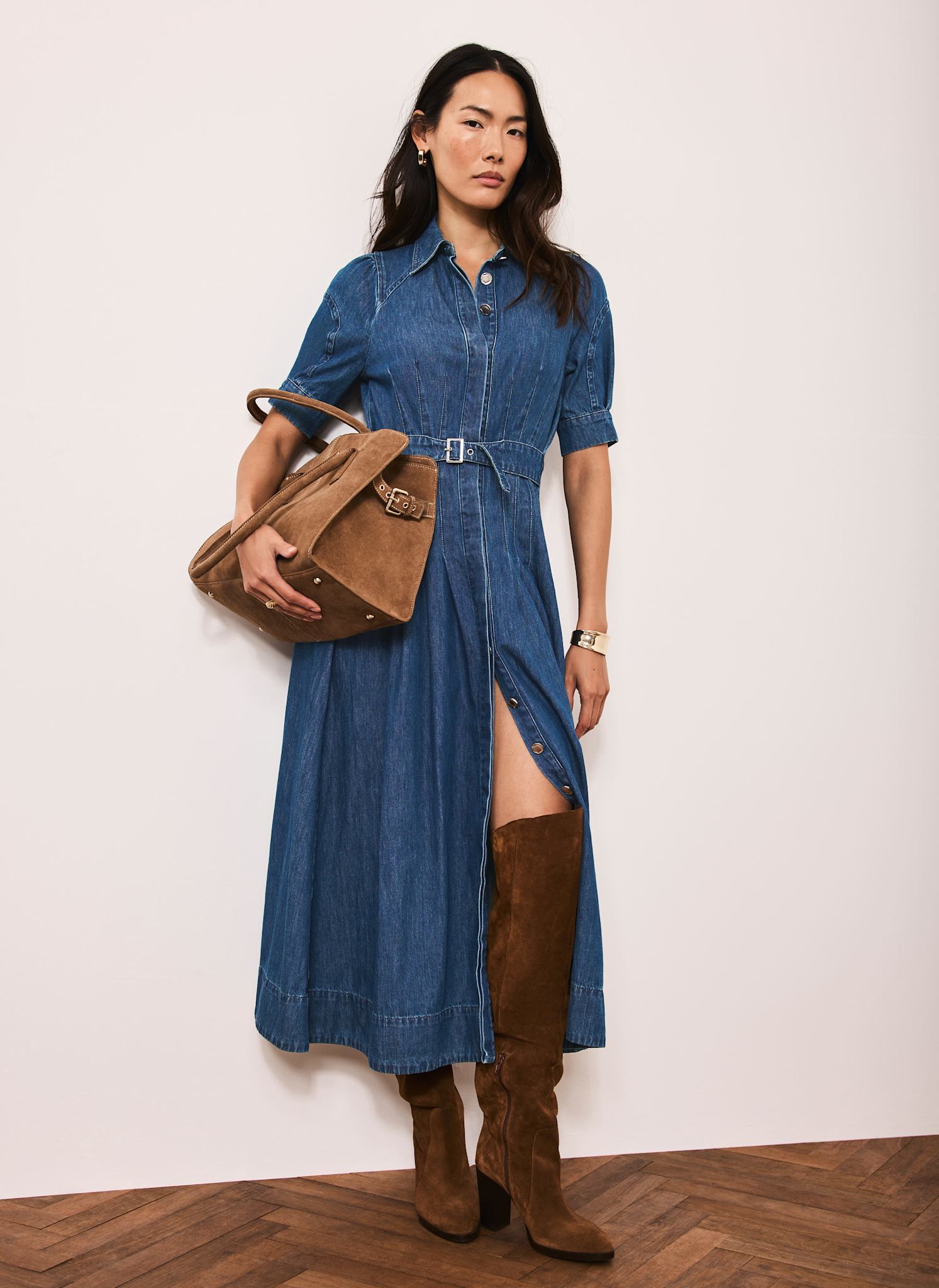 Blue Denim Belted Midi Shirt Dress