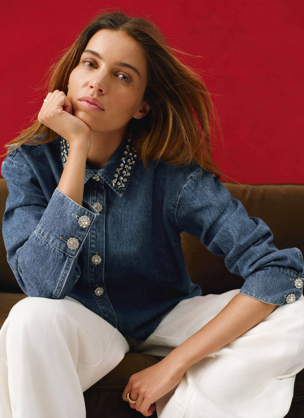 Indigo Denim Embellished Collar Shirt