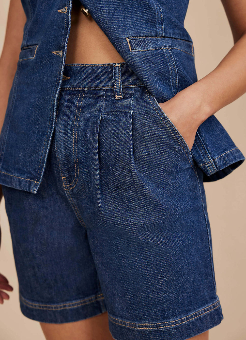 Indigo Denim Pleated Shorts