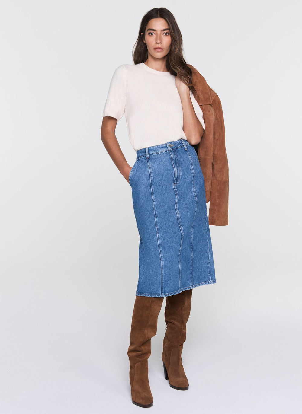 Indigo Denim Straight Midi Skirt
