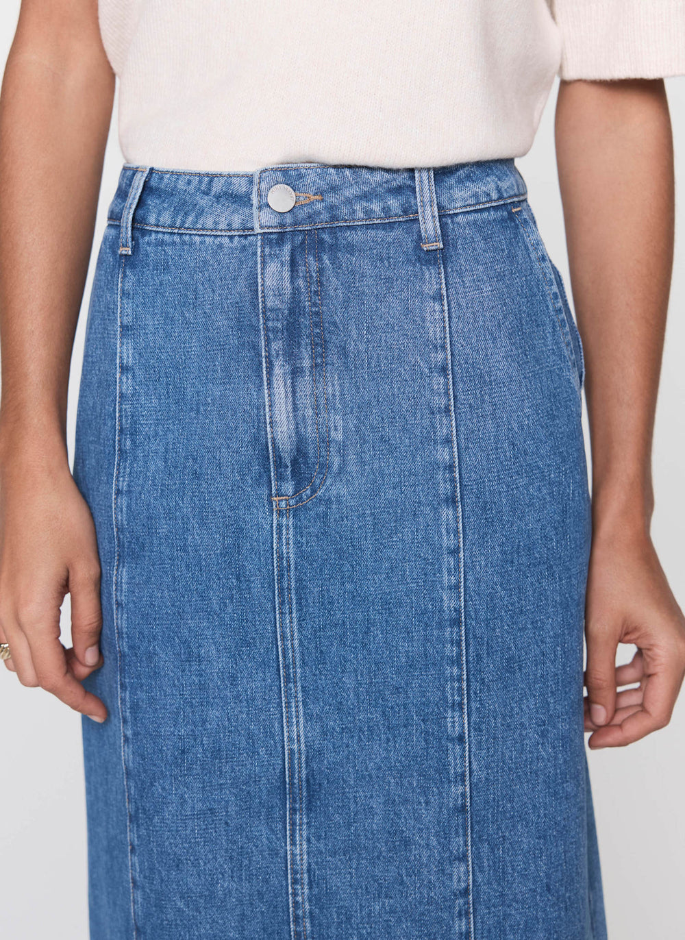 Indigo Denim Straight Midi Skirt