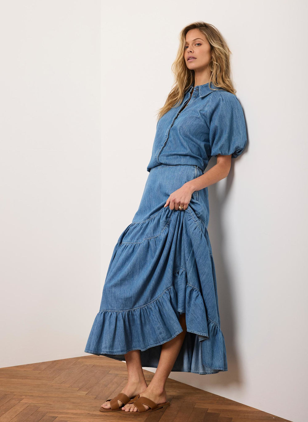 Indigo Tiered Denim Maxi Skirt