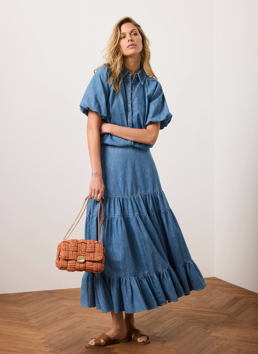 Indigo Tiered Denim Maxi Skirt