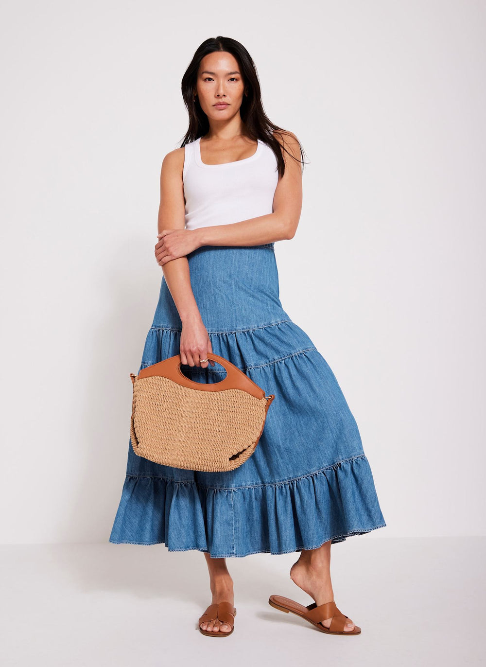 Indigo Tiered Denim Midi Skirt