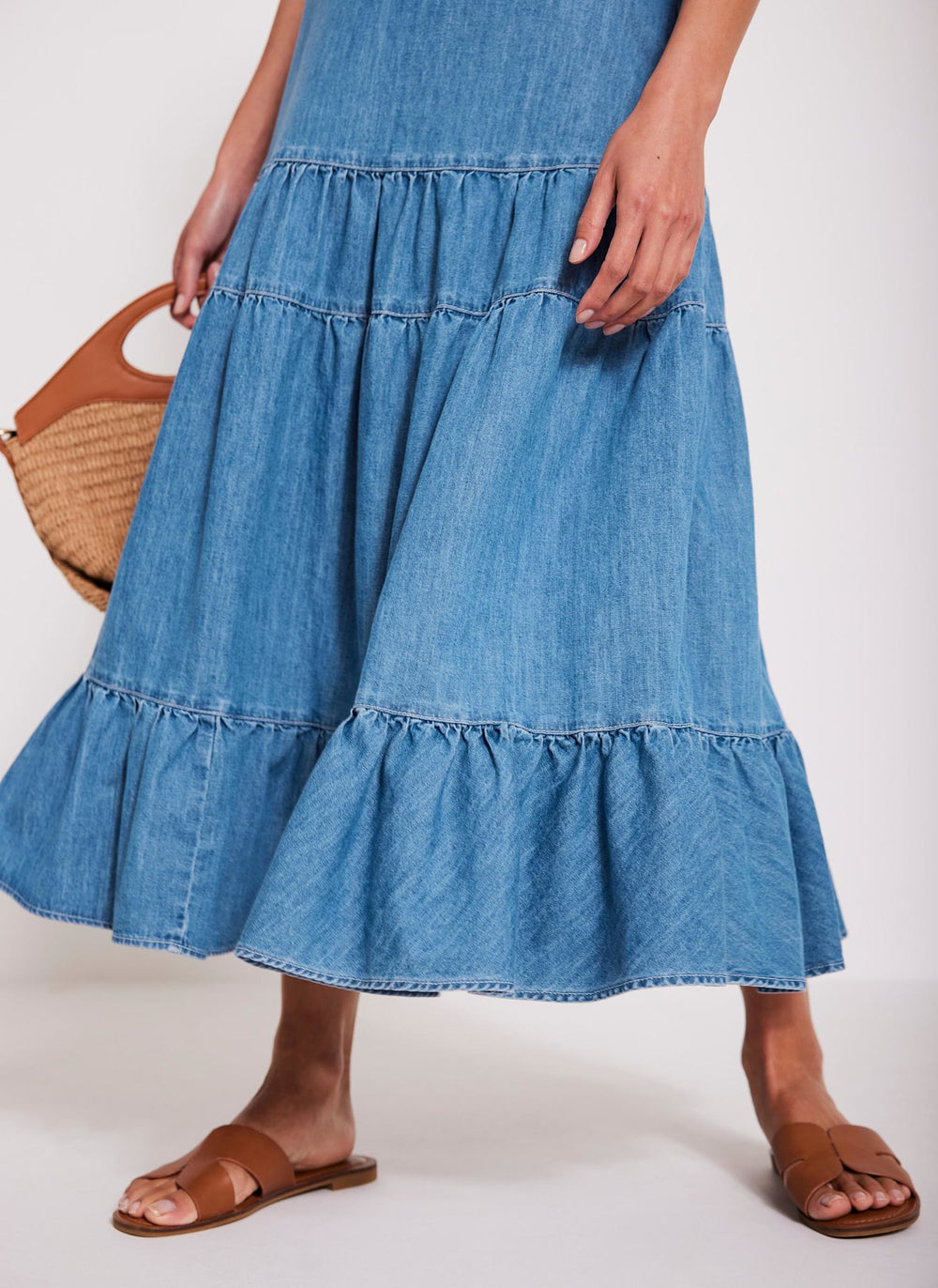 Indigo Tiered Denim Midi Skirt