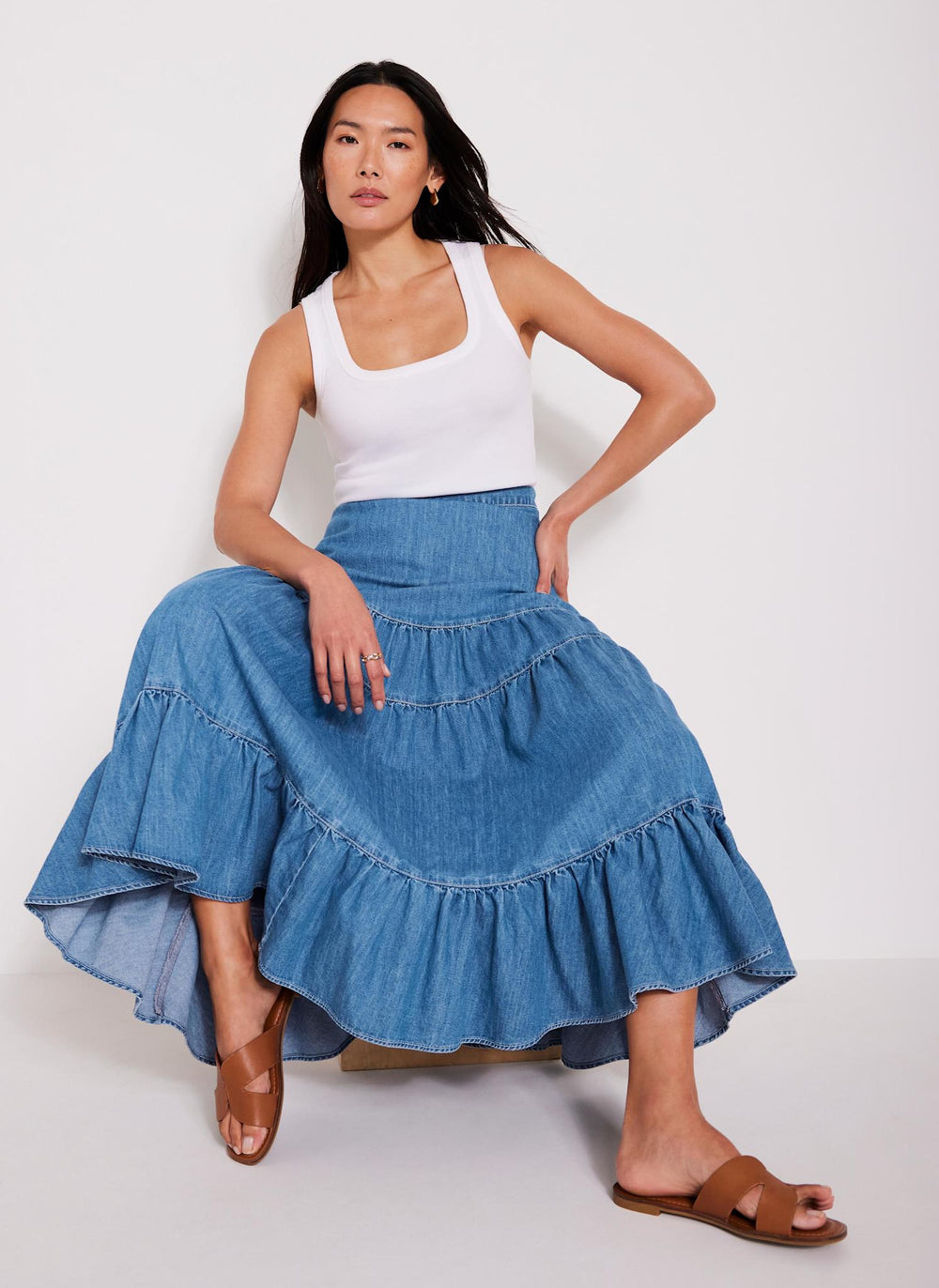 Indigo Tiered Denim Midi Skirt