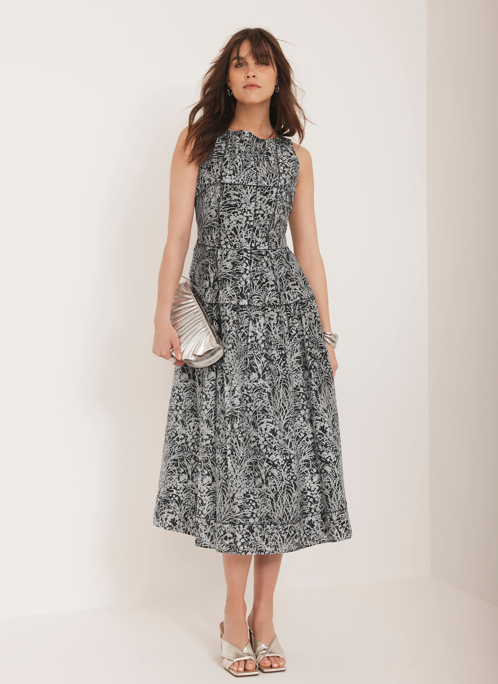 Navy Floral Print Drop Waist Midi Dress