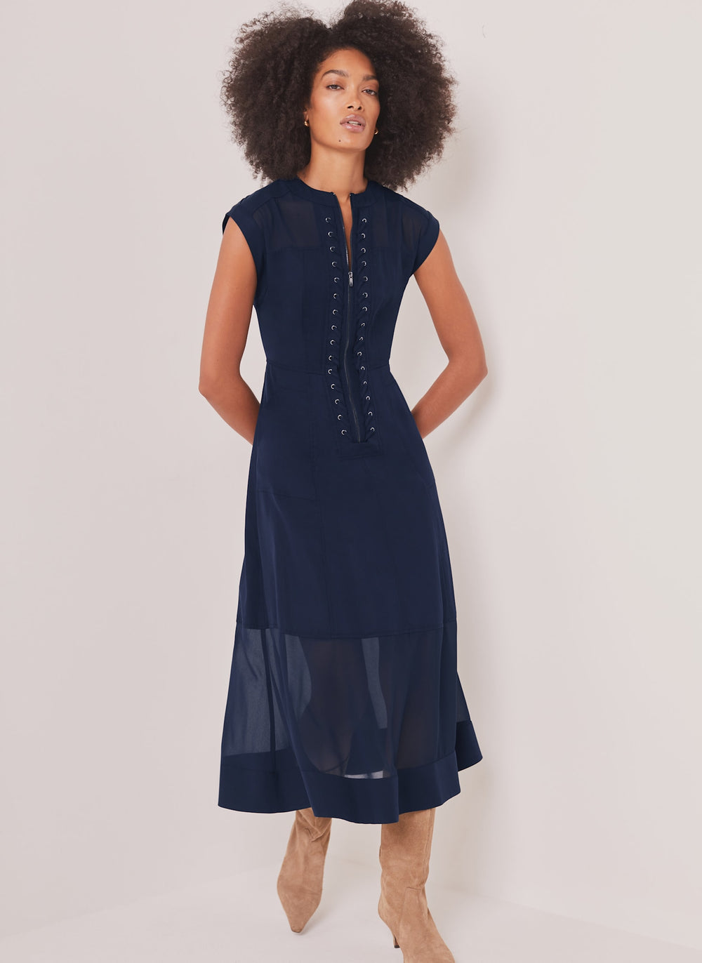 Navy Utility Eyelet Detail Midi Dress