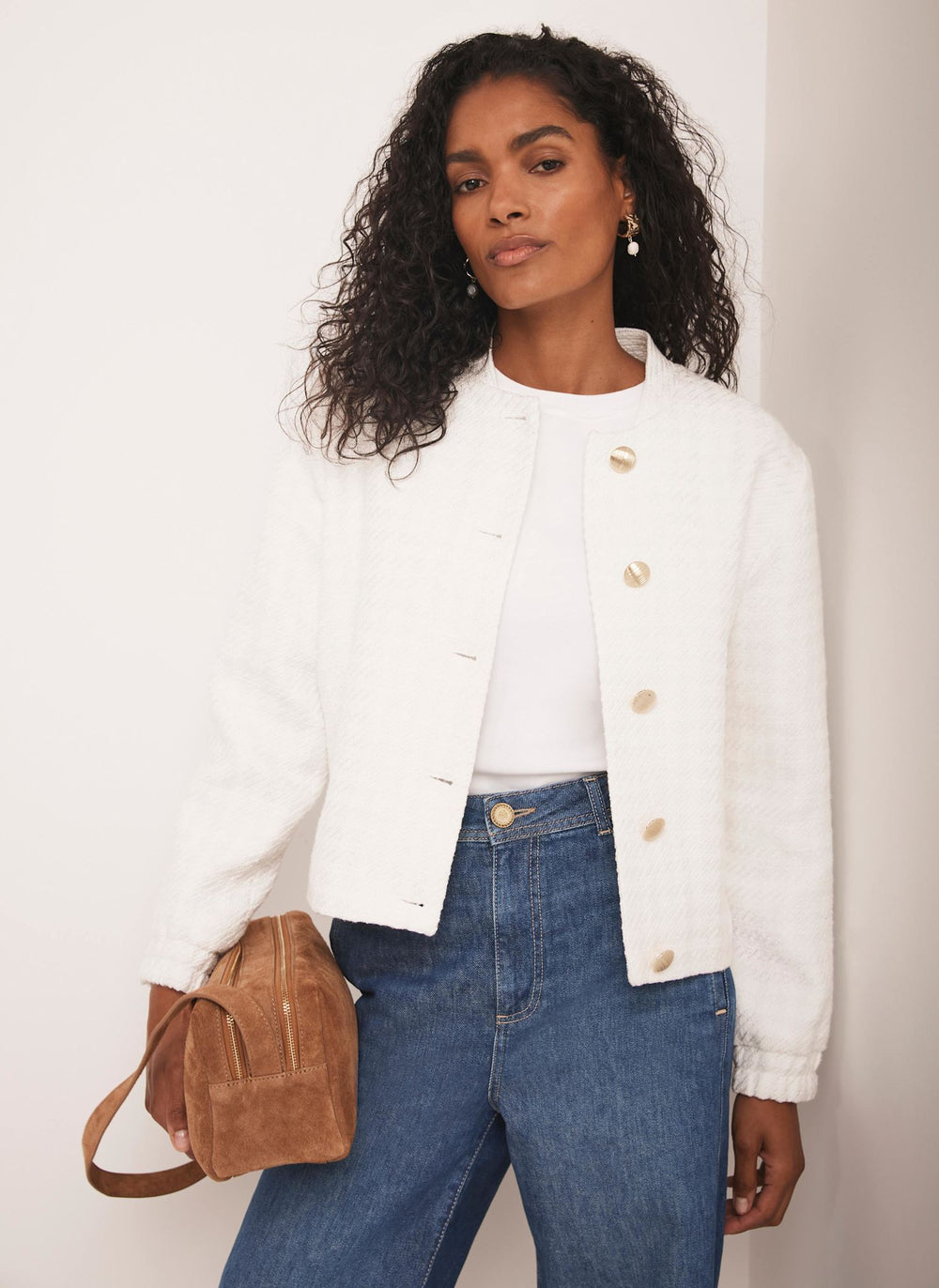 Cream Boucle Bomber Jacket