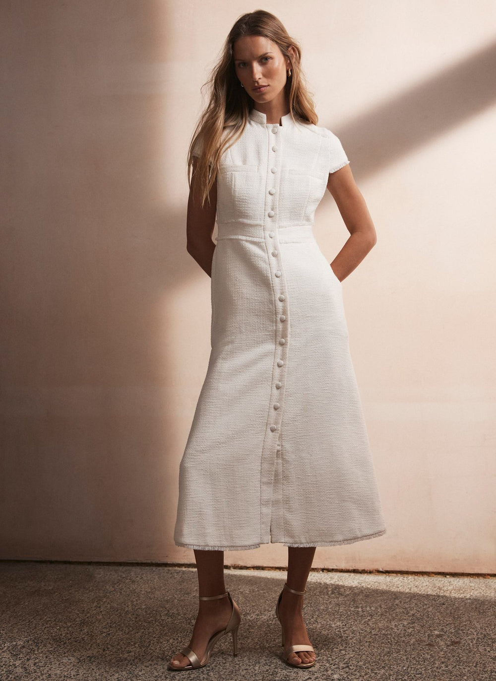 Cream Boucle Midi Dress