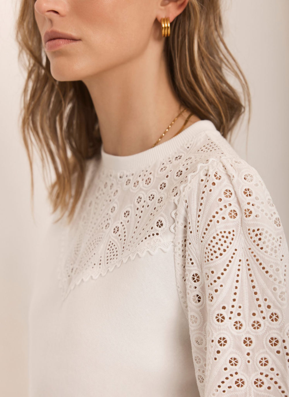 White Cotton Blend Broderie Sweatshirt