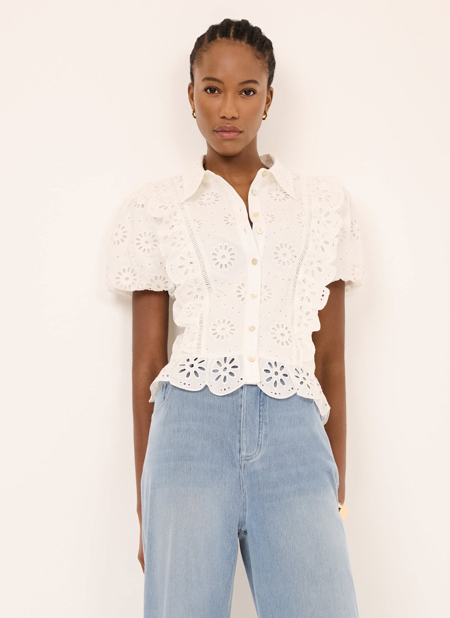 White Cotton Broderie Detail Shirt  Mint Velvet