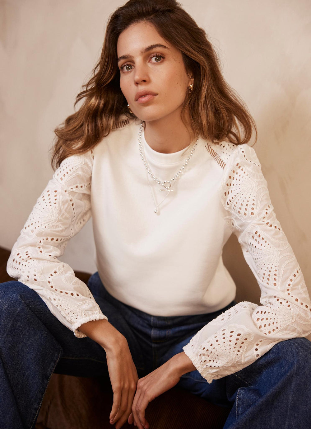 White Broderie Anglaise Detail Sweatshirt