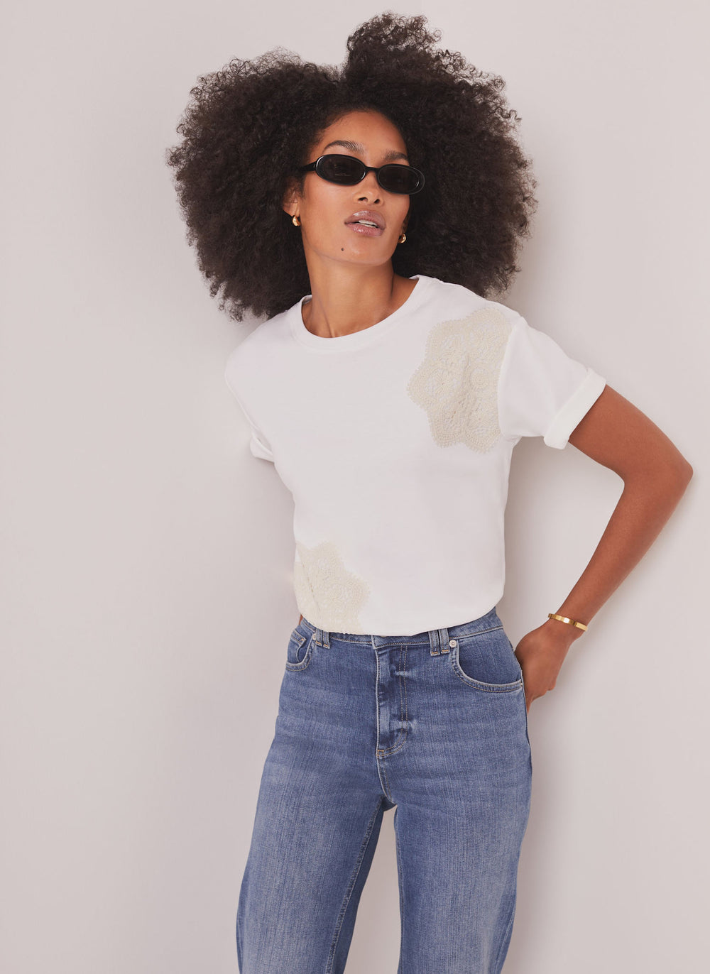 White Cotton Crochet Detail T-Shirt