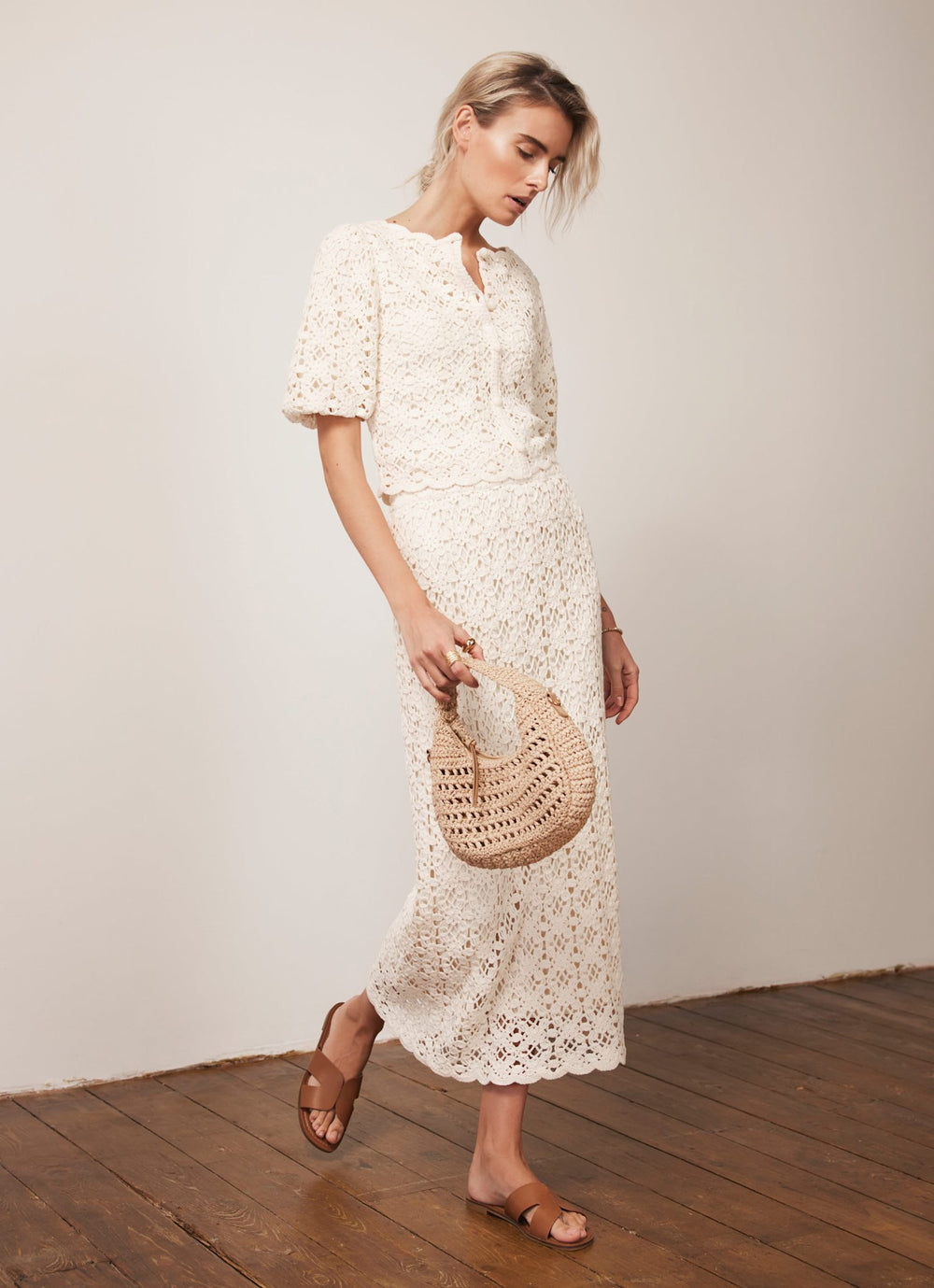 Cream Crochet Knit Midi Skirt