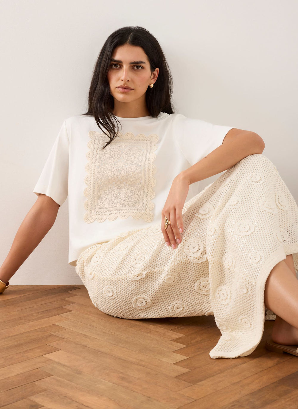 Cream Crochet Panel T-Shirt
