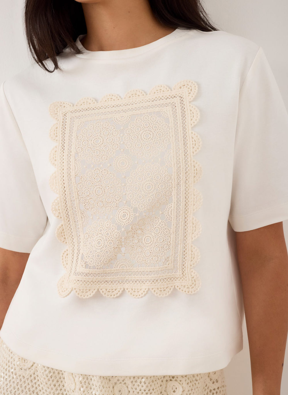 Cream Crochet Panel T-Shirt