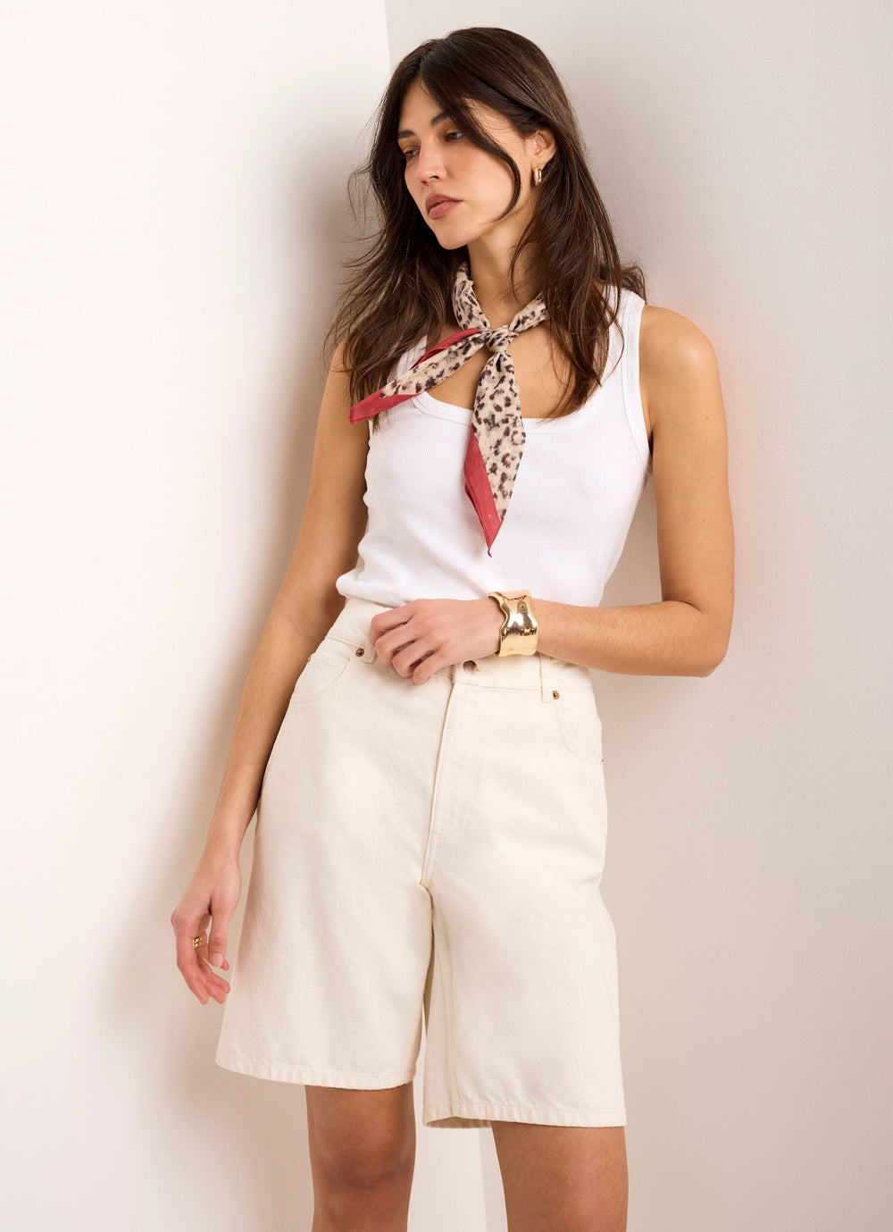 Cream Denim Mid Length Shorts