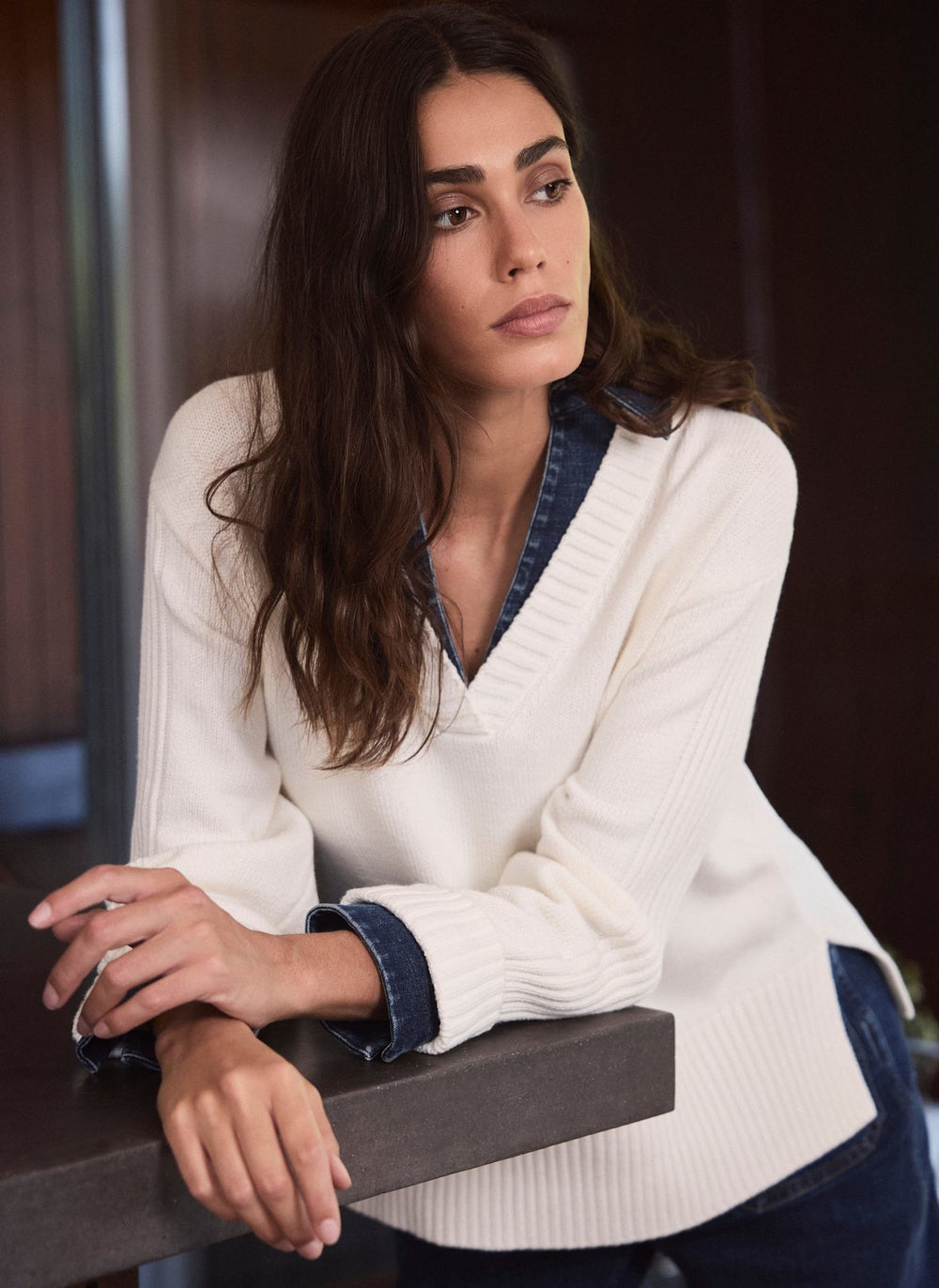 White Denim Trim Knit Jumper
