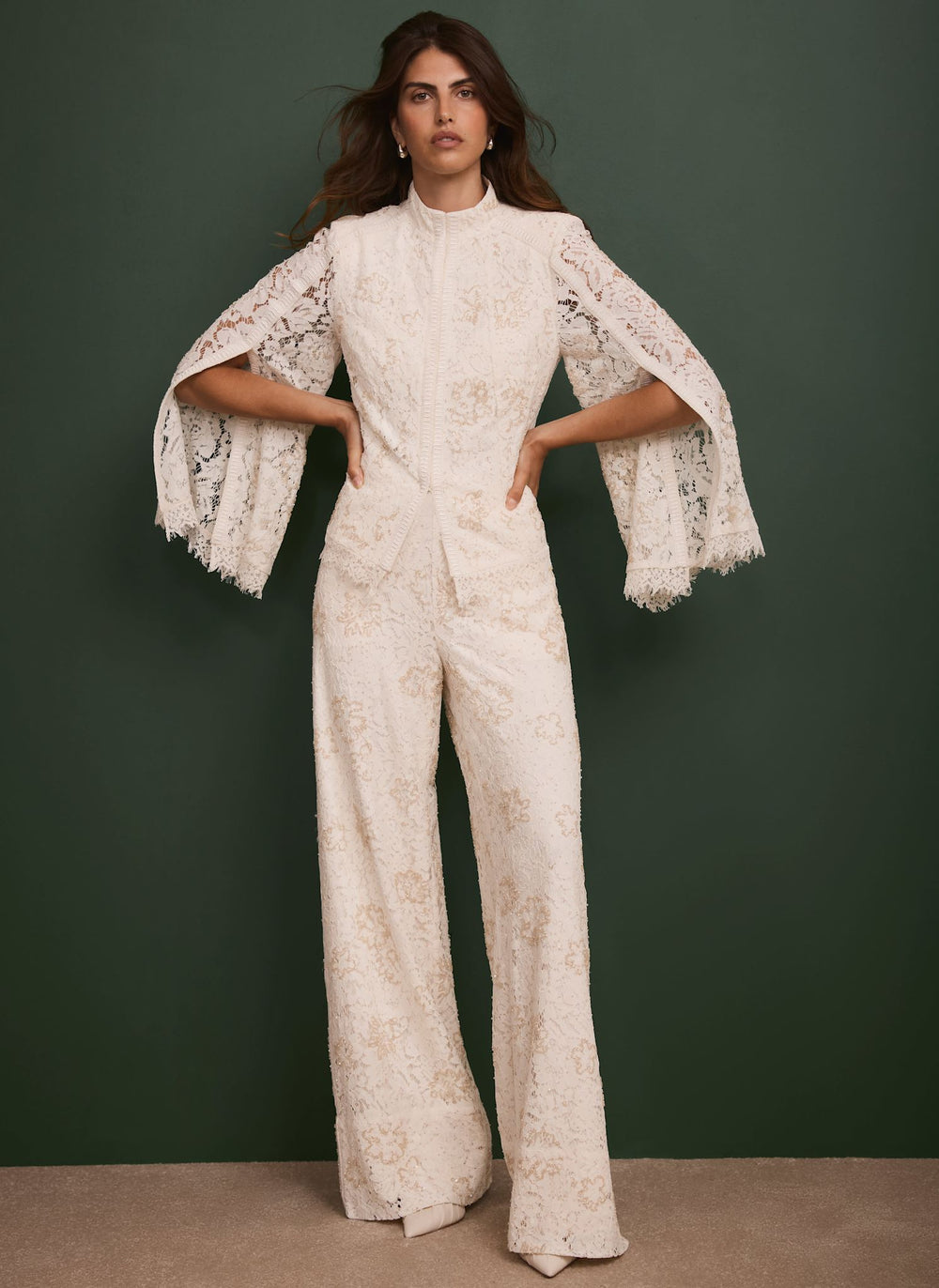 Cream Embellished Lace Wide Trousers