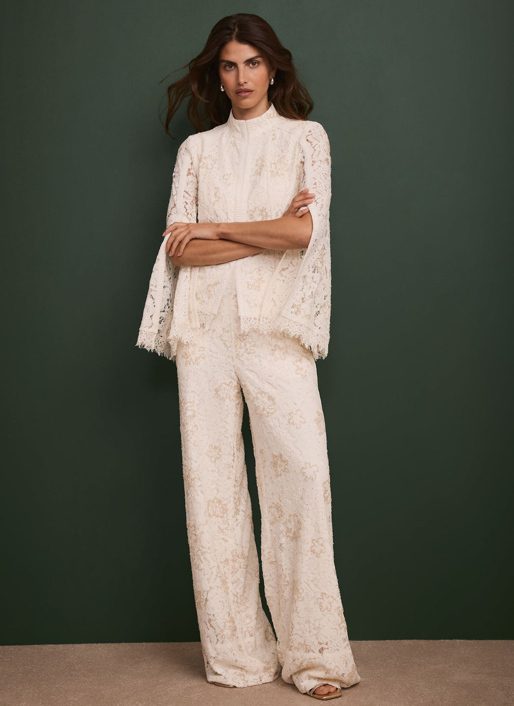 Cream Embellished Lace Wide Trousers