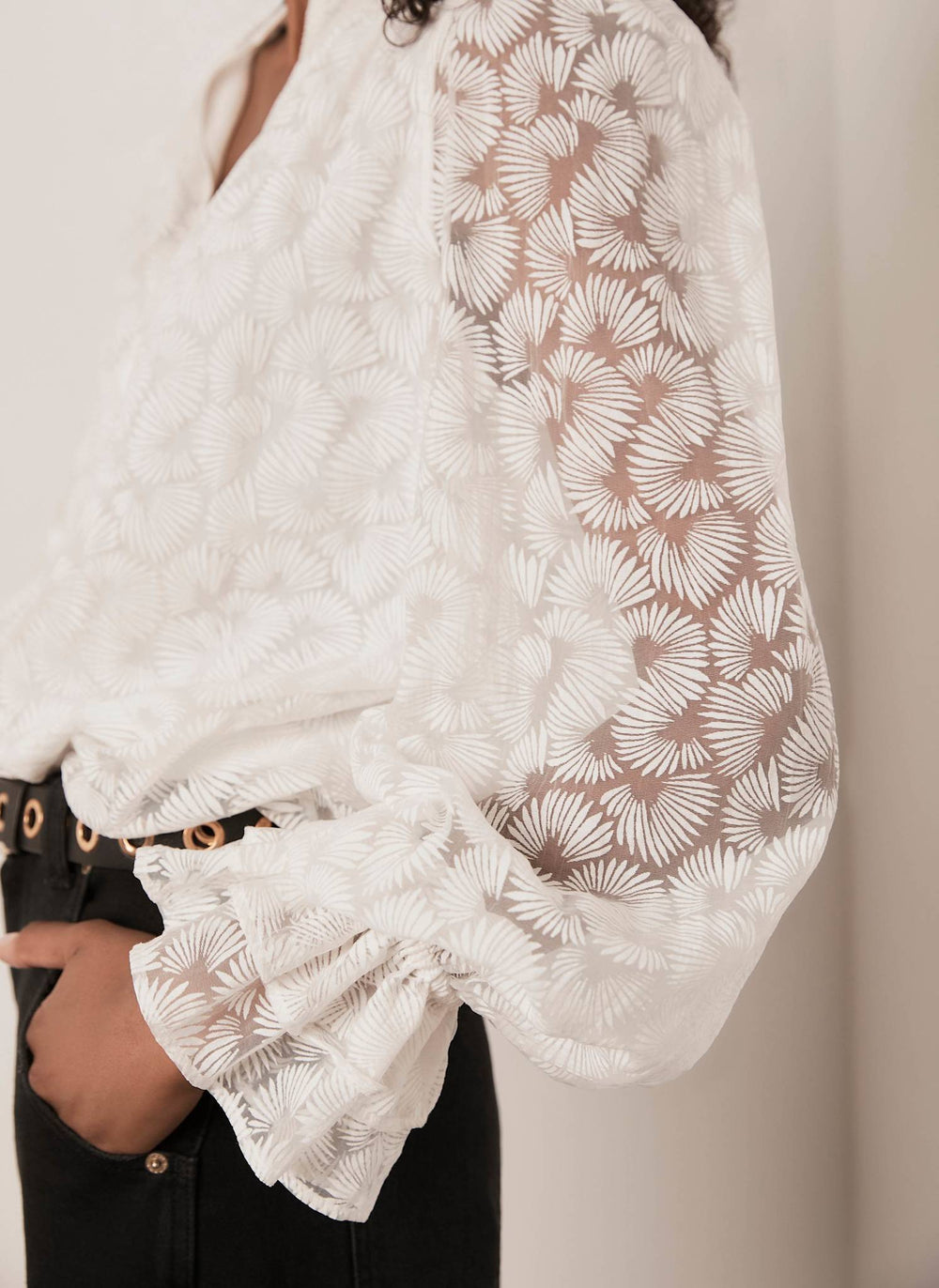 Cream Ruffle Sleeve Feather Detail Blouse