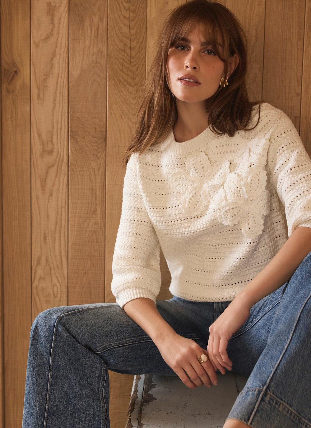 Cream Cotton Blend Floral Detail Jumper