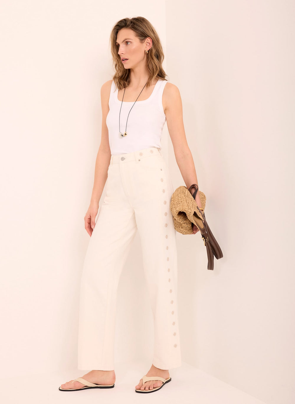 Cream Floral Embroidered Tapered Jeans