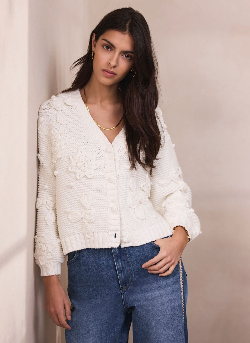 Cream Applique Flower Cardigan