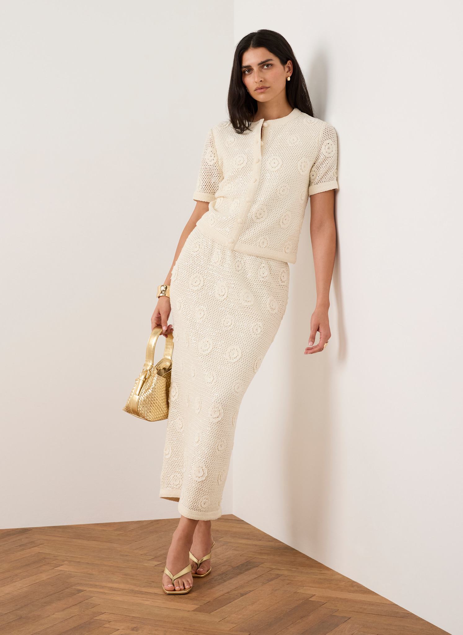 Neutral Sequin Floral Crochet Midi Skirt – Mint Velvet