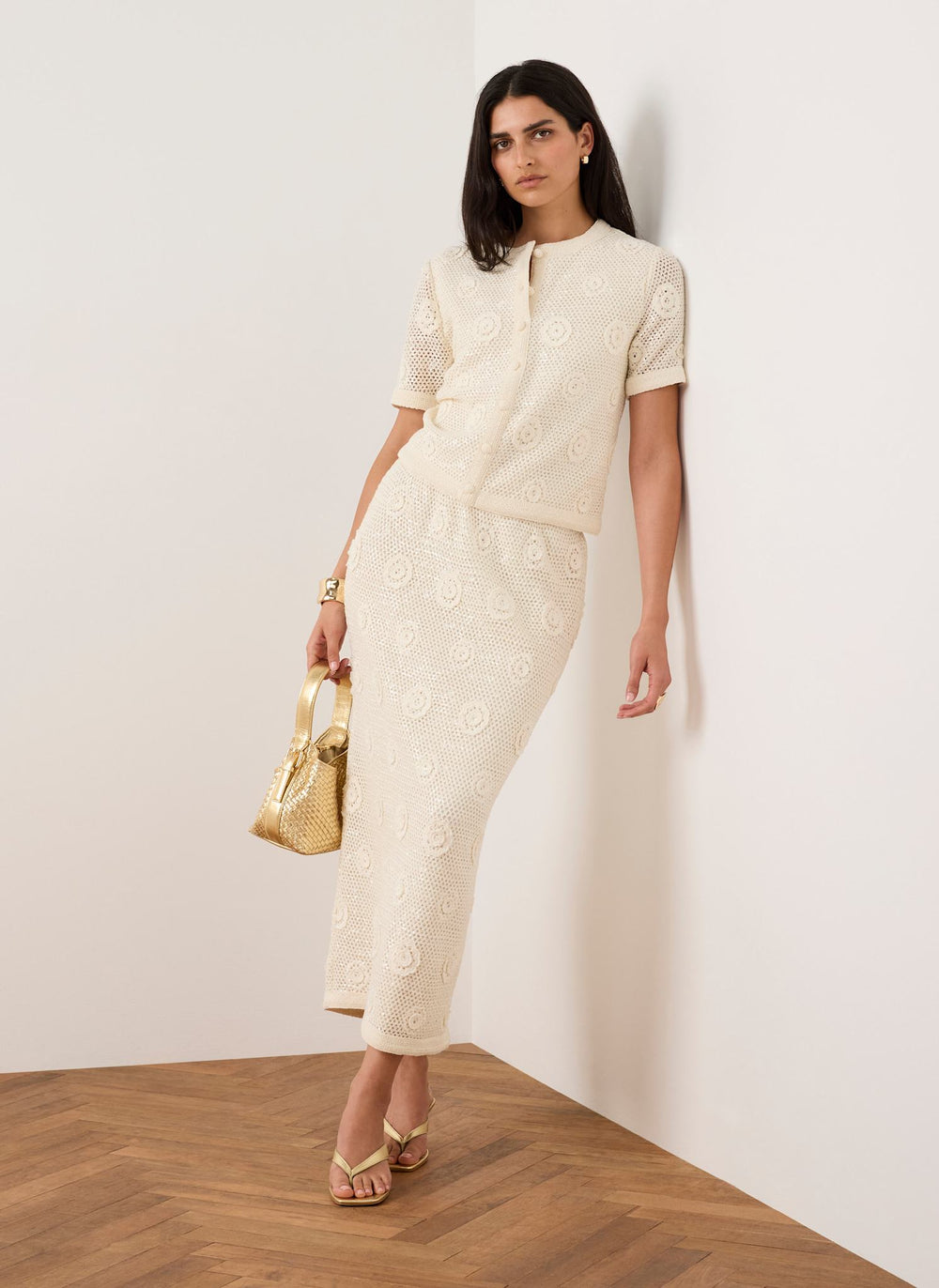 Neutral Sequin Floral Crochet Midi Skirt