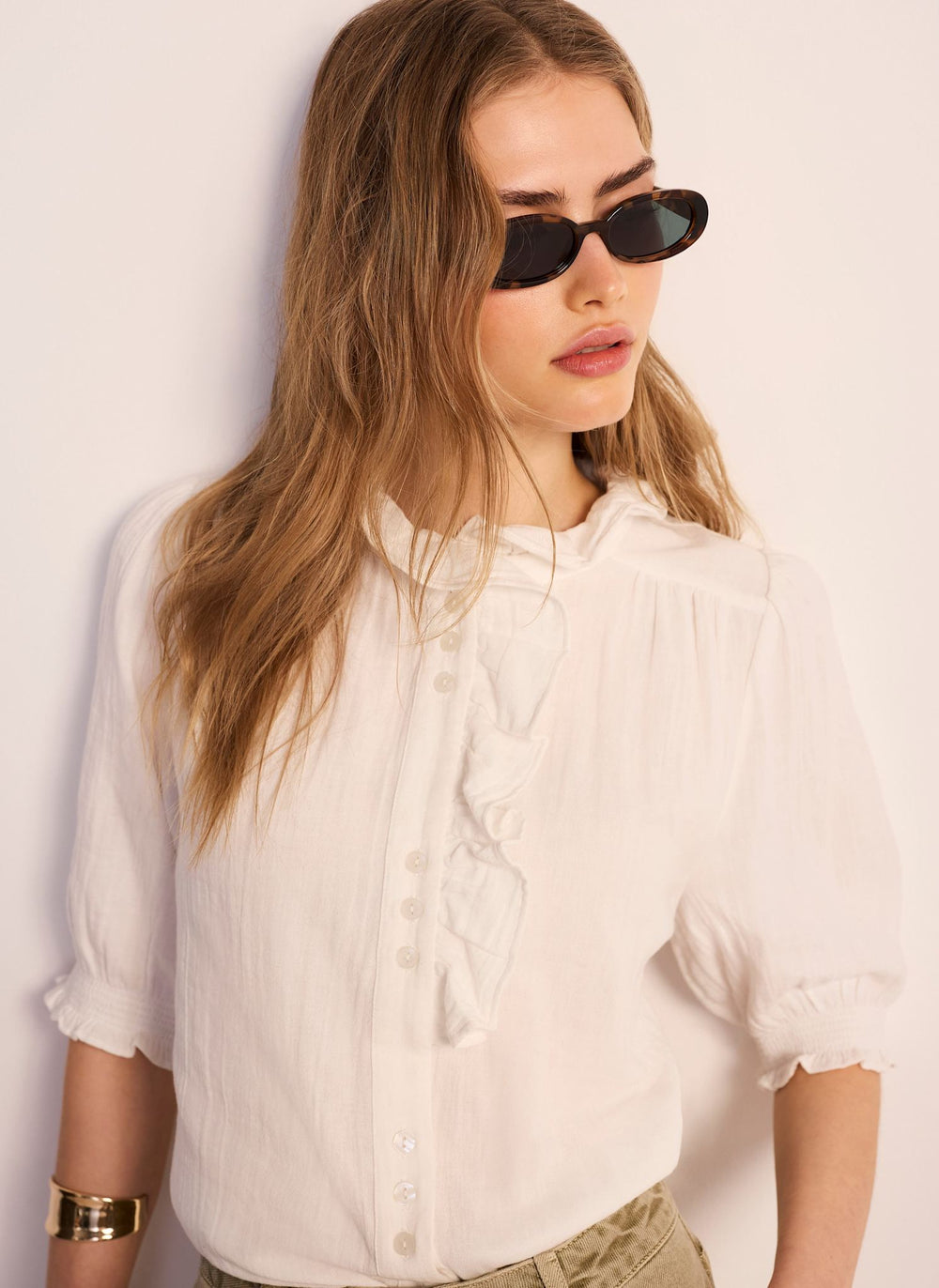 White Cotton Cheesecloth Ruffle Blouse