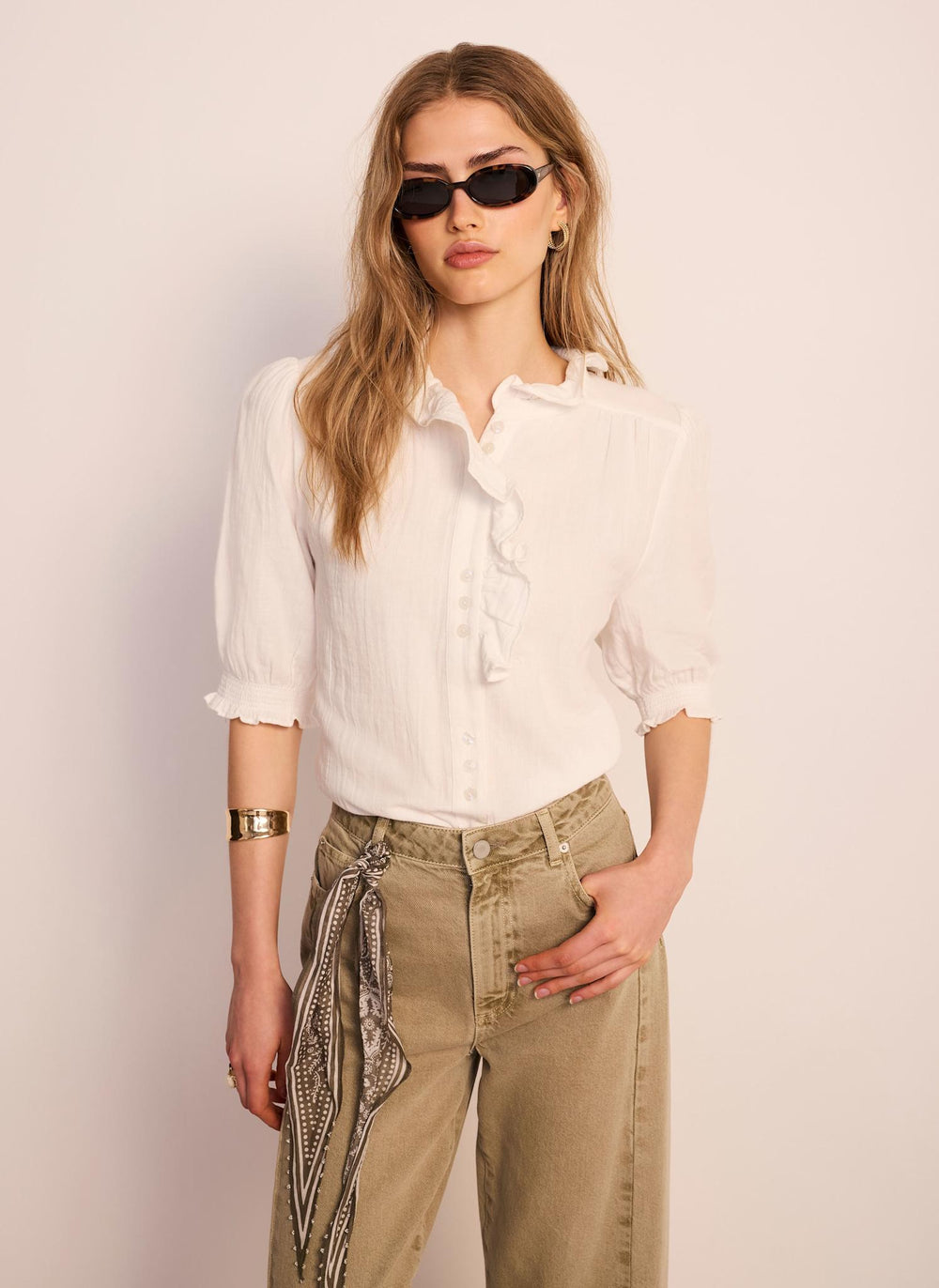 White Cotton Cheesecloth Ruffle Blouse