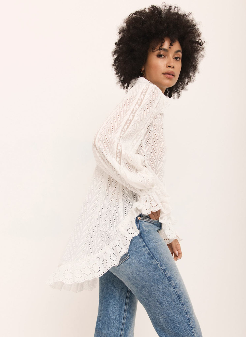 Cream Broderie Trim Longline Blouse