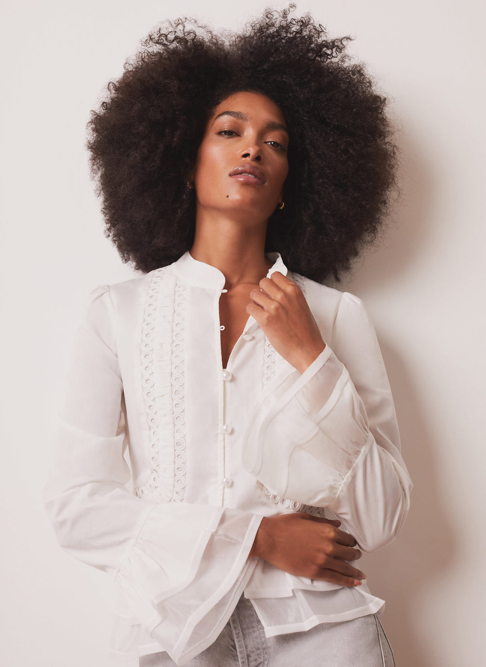 Cream Lace Ruffle Blouse