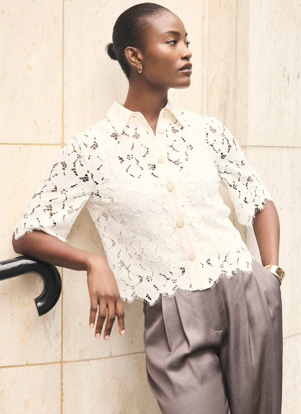 White Lace Short Sleeve Cropped Shirt