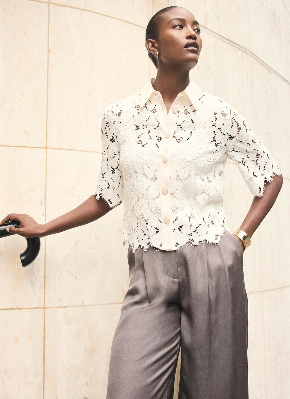 White Lace Short Sleeve Cropped Shirt