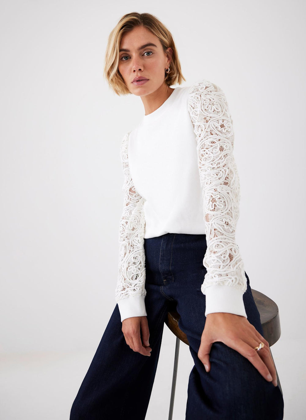 White Lace Sleeve Sweatshirt