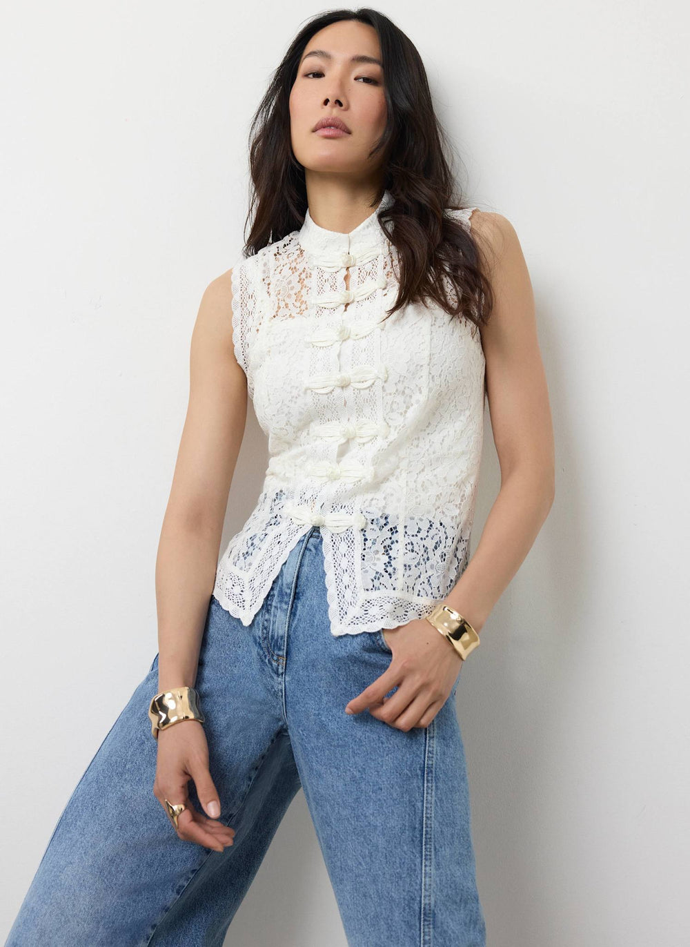 White Lace Detail Military Top