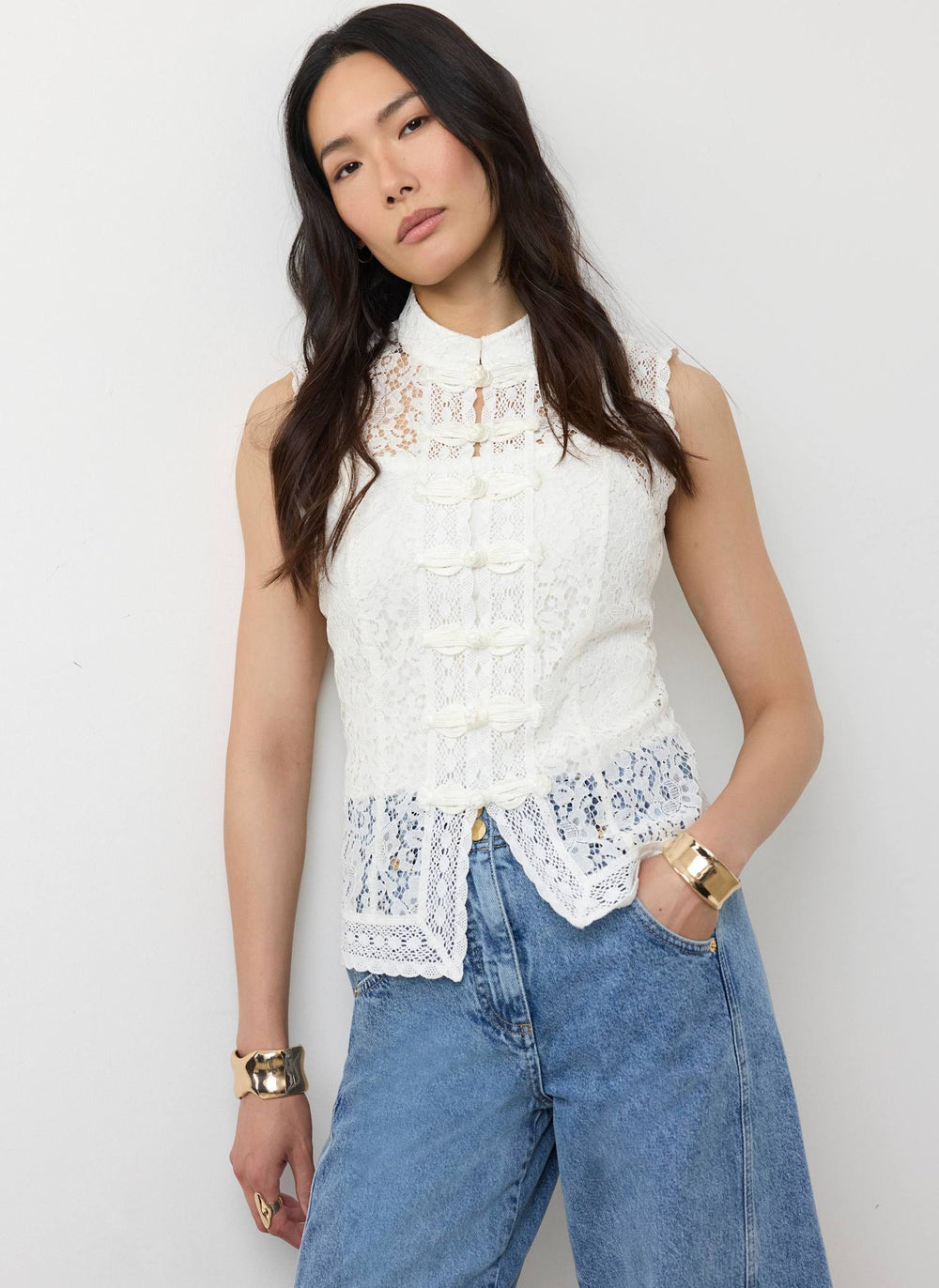 White Lace Detail Military Top